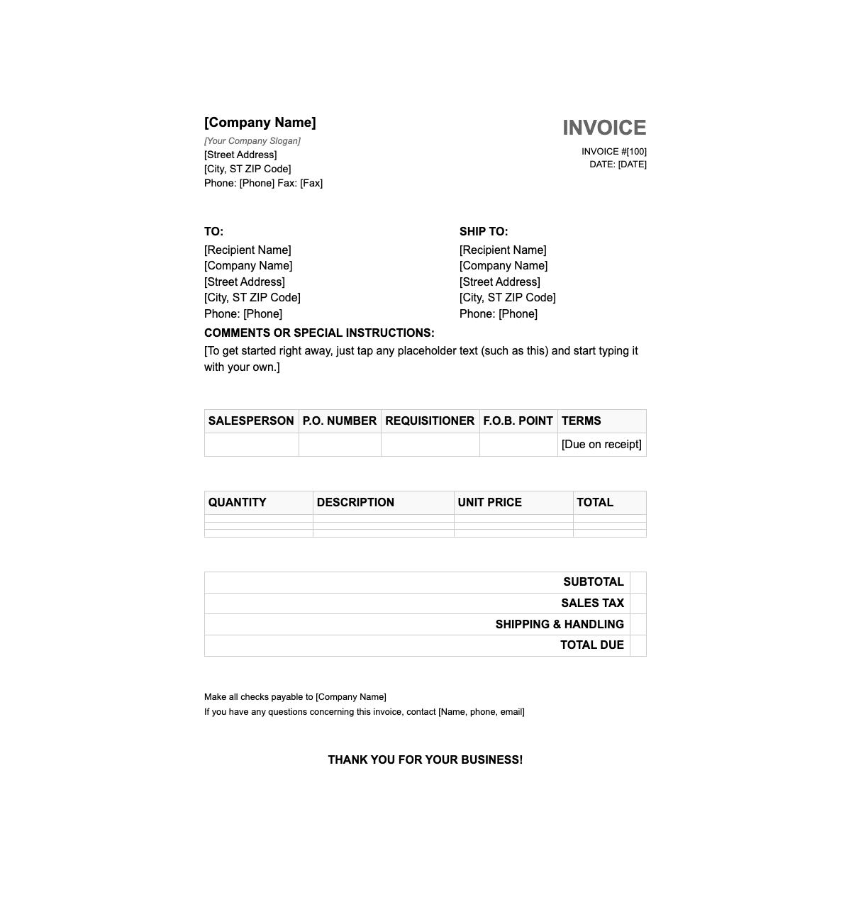 Invoice document - A professional, printable billing layout for businesses to list items, totals, and payment terms.